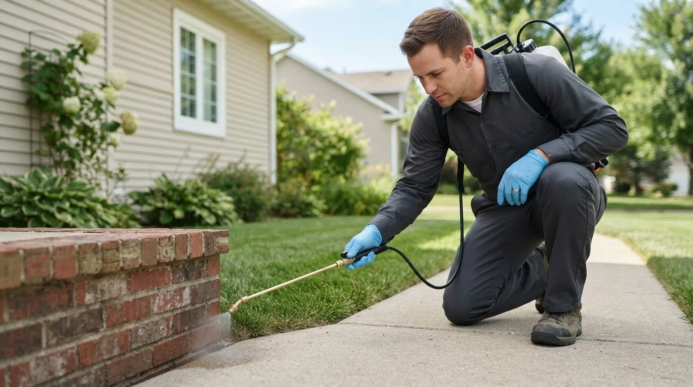 Pest control technician treating a home near Hustler, WI